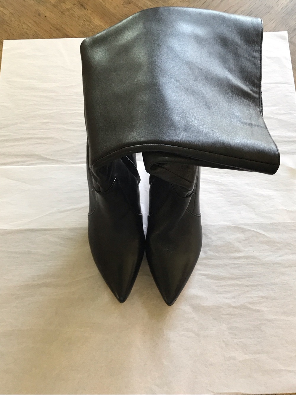 Nine West Black Leather Pointed-Toe Wide Calf Knee Boots with Stiletto Heel
